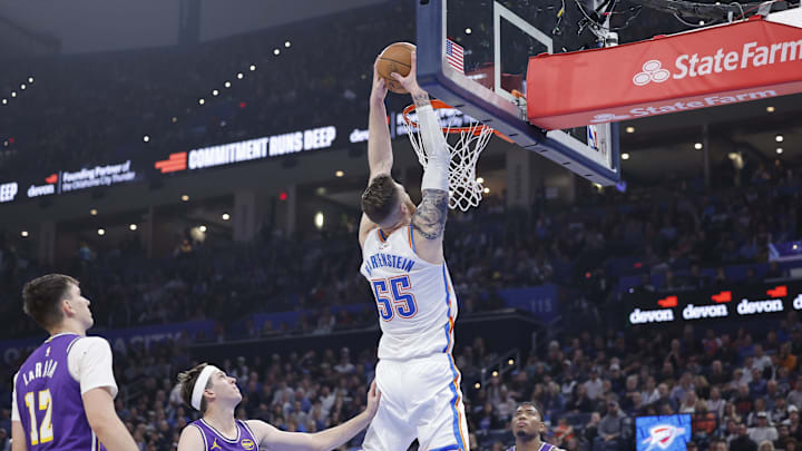 Nov 12, 2025; Oklahoma City, Oklahoma, USA; Oklahoma City Thunder center Isaiah Hartenstein (55) dunks against the Los Angeles Lakers during the second quarter at Paycom Center. Mandatory Credit: Alonzo Adams-Imagn Images Nov 12, 2025; Oklahoma City, Oklahoma, USA; Oklahoma City Thunder center Isaiah Hartenstein (55) dunks against the Los Angeles Lakers during the second quarter at Paycom Center. Mandatory Credit: Alonzo Adams-Imagn Images