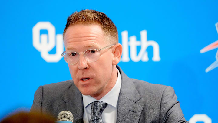 Thunder general manager Sam Presti speaks during an introductory press conference for the 2024 Thunder draft picks at Oklahoma Contemporary Arts Center in Oklahoma City, Saturday, June, 29, 2024. Thunder general manager Sam Presti speaks during an introductory press conference for the 2024 Thunder draft picks at Oklahoma Contemporary Arts Center in Oklahoma City, Saturday, June, 29, 2024.