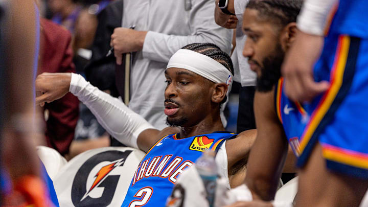 Nov 17, 2025; New Orleans, Louisiana, USA;  Oklahoma City Thunder guard Shai Gilgeous-Alexander (2) looks on against the New Orleans Pelicans during the second half at Smoothie King Center. Mandatory Credit: Stephen Lew-Imagn Images