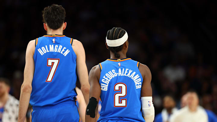 Apr 27, 2026; Phoenix, Arizona, USA; Detailed view of the jersey of Oklahoma City Thunder center Chet Holmgren (7) and guard Shai Gilgeous-Alexander (2) against the Phoenix Suns during game four of the first round of the 2026 NBA Playoffs at Mortgage Matchup Center. Mandatory Credit: Mark J. Rebilas-Imagn Images