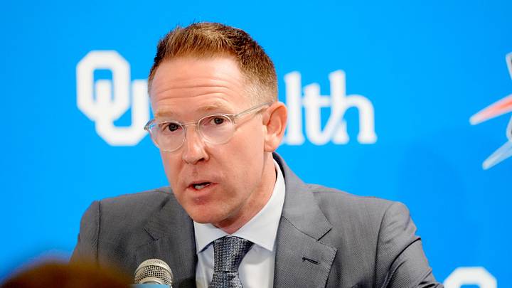 Thunder general manager Sam Presti speaks during an introductory press conference for the 2024 Thunder draft picks at Oklahoma Contemporary Arts Center in Oklahoma City, Saturday, June, 29, 2024.