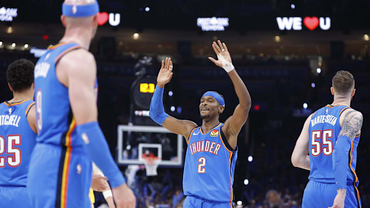 May 5, 2026; Oklahoma City, Oklahoma, USA; Oklahoma City Thunder guard Shai Gilgeous-Alexander (2) celebrates with his team after a play against the Los Angeles Lakers in the second half during game one of the second round of the 2026 NBA Playoffs at Paycom Center. Mandatory Credit: Alonzo Adams-Imagn Images