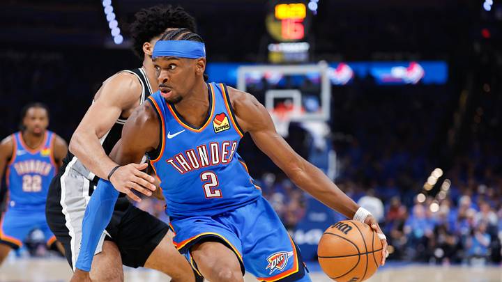 May 18, 2026; Oklahoma City, Oklahoma, USA; Oklahoma City Thunder guard Shai Gilgeous-Alexander (2) drives the ball in the third quarter against the San Antonio Spurs during game one of the western conference finals for the 2026 NBA playoffs at Paycom Center. Mandatory Credit: Alonzo Adams-Imagn Images