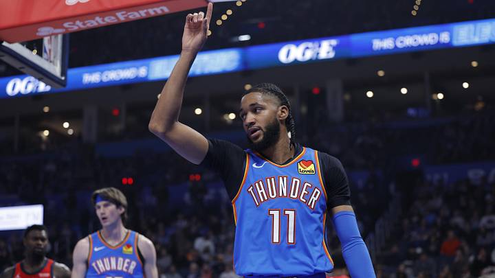 Jan 27, 2026; Oklahoma City, Oklahoma, USA; Oklahoma City Thunder guard Isaiah Joe (11) gestures after a play against the New Orleans Pelicans during the second quarter at Paycom Center. Mandatory Credit: Alonzo Adams-Imagn Images