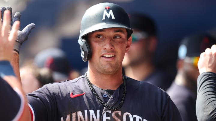 Mar 8, 2023; Dunedin, Florida, USA;  Minnesota Twins shortstop Brooks Lee (72) reacts after scoring a run against the Toronto Blue Jays in the fifth inning during spring training at TD Ballpark. Mandatory Credit: Nathan Ray Seebeck-USA TODAY Sports