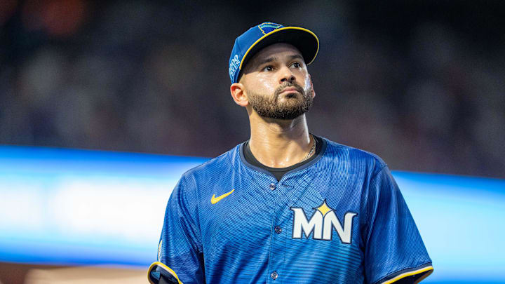 Minnesota Twins starting pitcher Pablo Lopez (49) exits the field after the second inning after giving up two runs to the Baltimore Orioles at Target Field in Minneapolis on Sept. 27, 2024.
