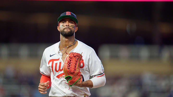 Jul 26, 2025; Minneapolis, Minnesota, USA; Minnesota Twins left fielder Willi Castro (50) walks to the dugout after the ninth inning against the Washington Nationals at Target Field. Mandatory Credit: Matt Blewett-Imagn Images