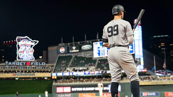 May 15, 2024; Minneapolis, Minnesota, USA; New York Yankees center fielder Aaron Judge (99) warms up against the Minnesota Twins at Target Field. Mandatory Credit: Matt Blewett-Imagn Images May 15, 2024; Minneapolis, Minnesota, USA; New York Yankees center fielder Aaron Judge (99) warms up against the Minnesota Twins at Target Field. Mandatory Credit: Matt Blewett-Imagn Images