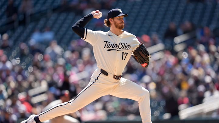 Apr 19, 2026; Minneapolis, Minnesota, USA; Minnesota Twins starting pitcher Bailey Ober (17) throws to Cincinnati Reds center fielder TJ Friedl (29) in the first inning at Target Field. Mandatory Credit: Matt Blewett-Imagn Images