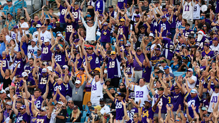 Minnesota Vikings fans Skol chant during the fourth quarter of an NFL football matchup Sunday, Nov. 10, 2024 at Everbank Stadium in Jacksonville, Fla. The Vikings defeated the Jaguars 12-7. [Corey Perrine/Florida Times-Union]