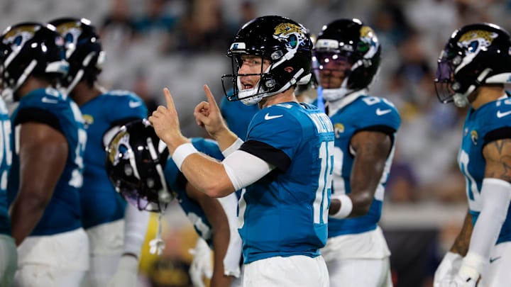 Jacksonville Jaguars quarterback John Wolford (18) calls a play during the fourth quarter of an NFL preseason matchup at EverBank Stadium, Saturday, Aug. 9, 2025 in Jacksonville, Fla. The Steelers defeated the Jaguars 31-25. [Corey Perrine/Florida Times-Union]