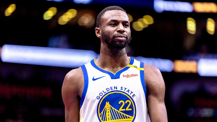 Nov 22, 2024; New Orleans, Louisiana, USA; Golden State Warriors forward Andrew Wiggins (22) looks on against the New Orleans Pelicans during second half at Smoothie King Center. Nov 22, 2024; New Orleans, Louisiana, USA; Golden State Warriors forward Andrew Wiggins (22) looks on against the New Orleans Pelicans during second half at Smoothie King Center.