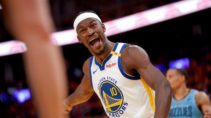 Apr 15, 2025; San Francisco, California, USA; Golden State Warriors forward Jimmy Butler III (10) looks for a foul call after a play against the Memphis Grizzlies in the third quarter at the Chase Center.