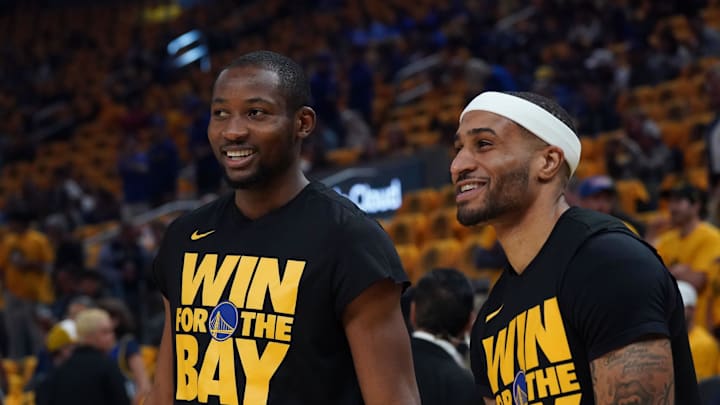 May 10, 2025; San Francisco, California, USA; Golden State Warriors forward Jonathan Kuminga (00) and guard Gary Payton II (0) warm up before game three of the second round for the 2025 NBA Playoffs against the Minnesota Timberwolves at Chase Center. Mandatory Credit: David Gonzales-Imagn Images May 10, 2025; San Francisco, California, USA; Golden State Warriors forward Jonathan Kuminga (00) and guard Gary Payton II (0) warm up before game three of the second round for the 2025 NBA Playoffs against the Minnesota Timberwolves at Chase Center. Mandatory Credit: David Gonzales-Imagn Images