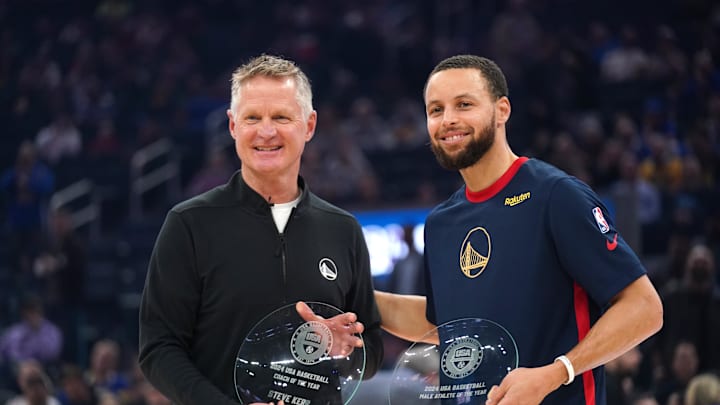 Jan 29, 2025; San Francisco, California, USA; Golden State Warriors head coach Steve Kerr and guard Stephen Curry (30) are recognized as the USA Basketball head coach and male athlete of the year before the start of the game against the Oklahoma City Thunder at the Chase Center. Mandatory Credit: Cary Edmondson-Imagn Images Jan 29, 2025; San Francisco, California, USA; Golden State Warriors head coach Steve Kerr and guard Stephen Curry (30) are recognized as the USA Basketball head coach and male athlete of the year before the start of the game against the Oklahoma City Thunder at the Chase Center. Mandatory Credit: Cary Edmondson-Imagn Images