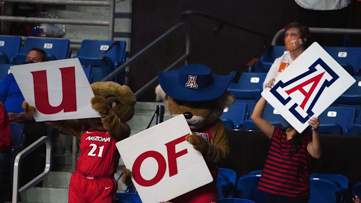Apr 2, 2021; San Antonio, Texas, USA; Arizona Wildcats mascot Wilbur and Wilma hold U of A signs during the game against the Connecticut Huskies at Alamodome. Arizona defeated UConn 69-59. Mandatory Credit: Kirby Lee-Imagn Images