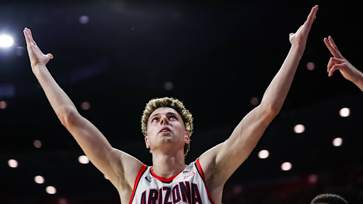 Nov 9, 2024; Tucson, Arizona, USA; Arizona Wildcats guard Anthony Dell'Orso (3) celebrates a three-point basket during the second half against the Old Dominion Monarchs at McKale Center. Mandatory Credit: Aryanna Frank-Imagn Images