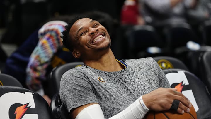 Mar 15, 2025; Denver, Colorado, USA; Denver Nuggets guard Russell Westbrook (4) reacts before the game against the Washington Wizards at Ball Arena. Mandatory Credit: Ron Chenoy-Imagn Images