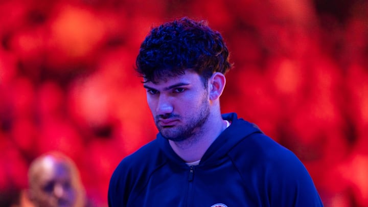 Jan 11, 2026; Phoenix, Arizona, USA; Washington Wizards forward Tristan Vukcevic against the Phoenix Suns at Mortgage Matchup Center. Mandatory Credit: Mark J. Rebilas-Imagn Images