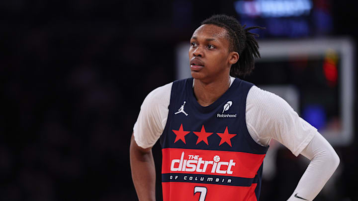 Mar 22, 2026; New York, New York, USA; Washington Wizards guard Bub Carrington (7) looks on during the first half against the New York Knicks at Madison Square Garden. Mandatory Credit: Vincent Carchietta-Imagn Images Mar 22, 2026; New York, New York, USA; Washington Wizards guard Bub Carrington (7) looks on during the first half against the New York Knicks at Madison Square Garden. Mandatory Credit: Vincent Carchietta-Imagn Images