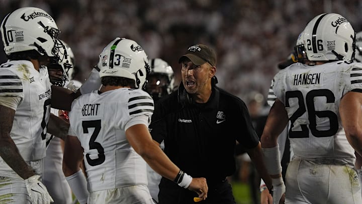 Iowa State football head coach Matt Campbell celebrates with players after a touchdown against Arizona on Sept. 27, 2025, at Jack Trice Stadium in Ames. Iowa State football head coach Matt Campbell celebrates with players after a touchdown against Arizona on Sept. 27, 2025, at Jack Trice Stadium in Ames.