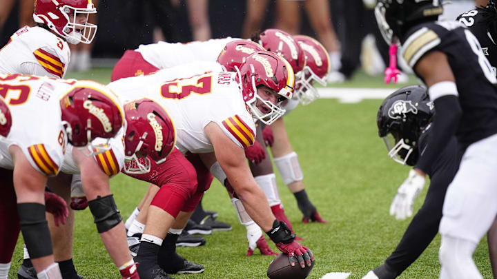 Oct 11, 2025; Boulder, Colorado, USA; Iowa State Cyclones offensive lineman Jim Bonifas (63) prepares to hike the ball in the second quarter against the Colorado Buffaloes at Folsom Field. Oct 11, 2025; Boulder, Colorado, USA; Iowa State Cyclones offensive lineman Jim Bonifas (63) prepares to hike the ball in the second quarter against the Colorado Buffaloes at Folsom Field.