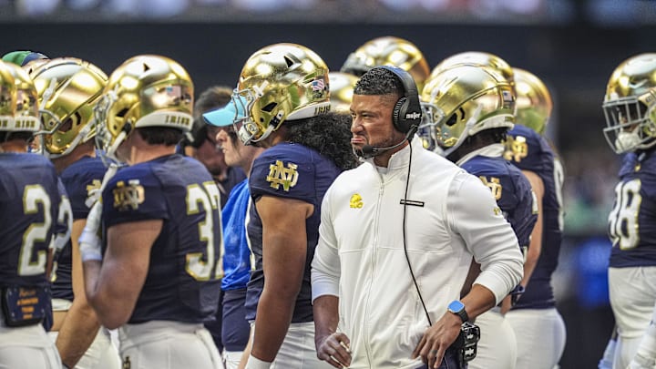 Oct 19, 2024; Atlanta, Georgia, USA; Notre Dame Fighting Irish head coach Marcus Freeman shown during the game against the  Georgia Tech Yellow Jackets at Mercedes-Benz Stadium. Mandatory Credit: Dale Zanine-Imagn Images