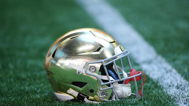Oct 19, 2024; Atlanta, Georgia, USA; A Notre Dame Fighting Irish helmet on the field before  a game against the Georgia Tech Yellow Jackets at Mercedes-Benz Stadium. Mandatory Credit: Brett Davis-Imagn Images