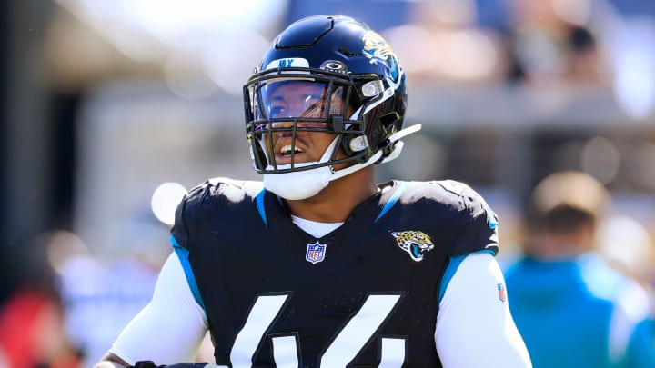 Jacksonville Jaguars linebacker Travon Walker (44) warms up before an NFL football matchup Sunday, Nov. 19, 2023 at EverBank Stadium in Jacksonville, Fla. The Jacksonville Jaguars defeated the Tennessee Titans 34-14. [Corey Perrine/Florida Times-Union]