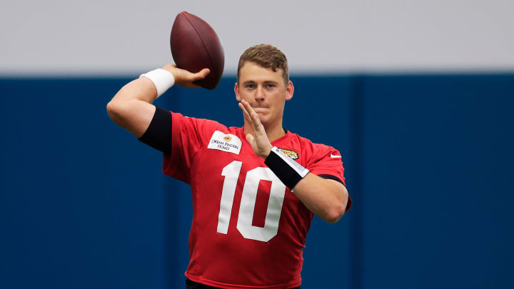 Jacksonville Jaguars quarterback Mac Jones (10) throws the ball during the second day of a mandatory minicamp Tuesday, June 11, 2024 at EverBank Stadium’s Miller Electric Center in Jacksonville, Fla. [Corey Perrine/Florida Times-Union]