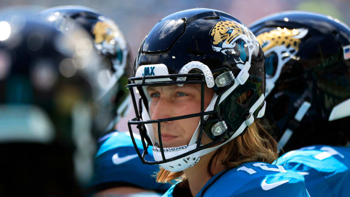 Jacksonville Jaguars quarterback Trevor Lawrence (16) looks on in a huddle during a time out during the first quarter of a NFL football game Sunday, Sept. 17, 2023 at EverBank Stadium in Jacksonville, Fla. The Kansas City Chiefs defeated the Jacksonville Jaguars 17-9.