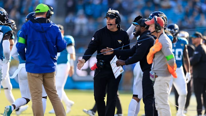 Jacksonville Jaguars head coach Doug Pederson congratulates players during the fourth quarter of a regular season NFL football matchup Sunday, Dec. 31, 2023 at EverBank Stadium in Jacksonville, Fla. The Jacksonville Jaguars blanked the Carolina Panthers 26-0. [Corey Perrine/Florida Times-Union]