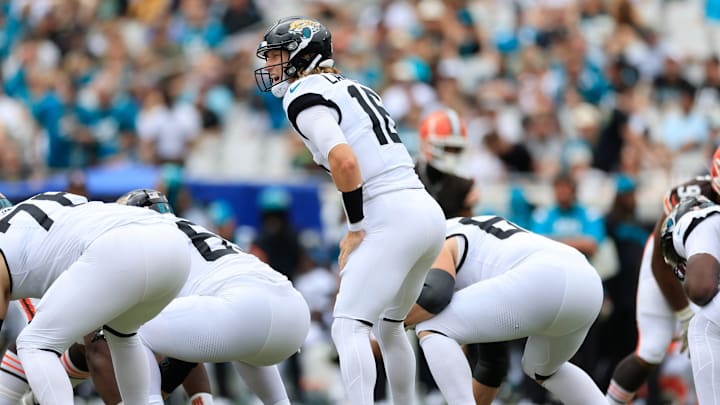 Jacksonville Jaguars quarterback Trevor Lawrence (16) calls a play during the second quarter of an NFL football matchup Sunday, Sept. 15, 2024 at EverBank Stadium in Jacksonville, Fla. The Browns defeated the Jaguars 18-13. [Corey Perrine/Florida Times-Union]