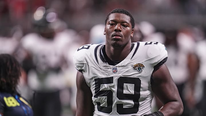 Aug 23, 2024; Atlanta, Georgia, USA; Jacksonville Jaguars defensive end Myles Cole (59) shown on the field against the Atlanta Falcons at Mercedes-Benz Stadium. Mandatory Credit: Dale Zanine-Imagn Images Aug 23, 2024; Atlanta, Georgia, USA; Jacksonville Jaguars defensive end Myles Cole (59) shown on the field against the Atlanta Falcons at Mercedes-Benz Stadium. Mandatory Credit: Dale Zanine-Imagn Images