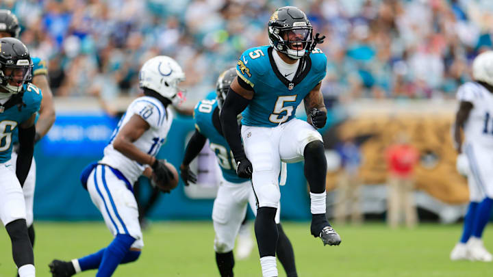 Jacksonville Jaguars safety Andre Cisco (5) reacts to a defensive stop during the first quarter of an NFL football matchup Sunday, Oct. 6, 2024 at EverBank Stadium in Jacksonville, Fla. The Jaguars edged the Colts on a field goal 37-34. [Corey Perrine/Florida Times-Union]