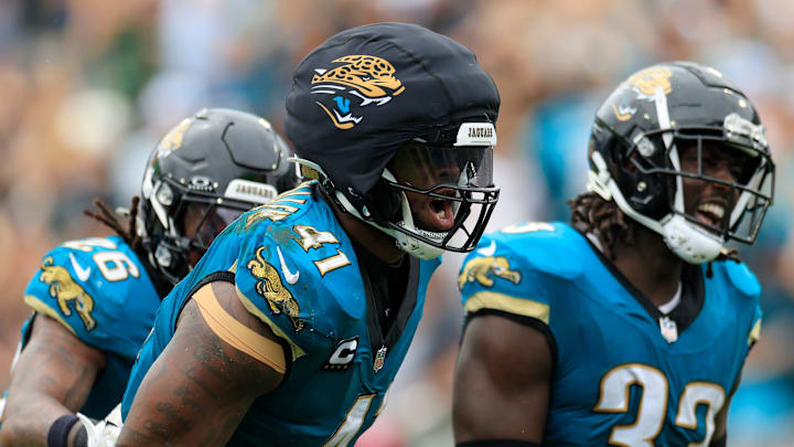 Jacksonville Jaguars defensive end Josh Hines-Allen (41) reacts to rushing for yards on a fumble turnover during the second quarter of an NFL football matchup Sunday, Oct. 6, 2024 at EverBank Stadium in Jacksonville, Fla. The Jaguars edged the Colts on a field goal 37-34. [Corey Perrine/Florida Times-Union]