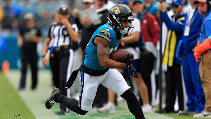 Jacksonville Jaguars wide receiver Christian Kirk (13) is forced out of bounds during the second quarter of an NFL football matchup Sunday, Oct. 6, 2024 at EverBank Stadium in Jacksonville, Fla. The Jaguars edged the Colts on a field goal 37-34. [Corey Perrine/Florida Times-Union]