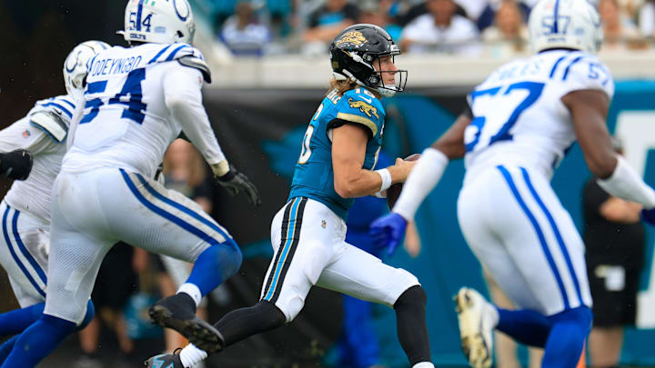 Jacksonville Jaguars quarterback Trevor Lawrence (16) looks to pass during the fourth quarter of an NFL football matchup Sunday, Oct. 6, 2024 at EverBank Stadium in Jacksonville, Fla. The Jaguars edged the Colts on a field goal 37-34. [Corey Perrine/Florida Times-Union]
