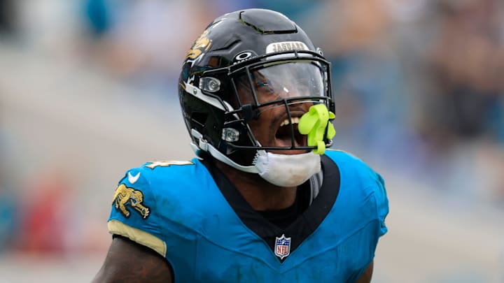 Jacksonville Jaguars running back Tank Bigsby (4) reacts to his touchdown during the third quarter of an NFL football matchup Sunday, Oct. 6, 2024 at EverBank Stadium in Jacksonville, Fla. The Jaguars edged the Colts on a field goal 37-34. [Corey Perrine/Florida Times-Union]
