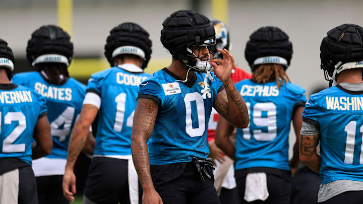 Jacksonville Jaguars wide receiver Gabe Davis (0) looks on during a combined NFL football training camp session between the Tampa Bay Buccaneers and Jacksonville Jaguars Thursday, Aug. 15, 2024 at EverBank Stadium’s Miller Electric Center in Jacksonville, Fla. [Corey Perrine/Florida Times-Union]
