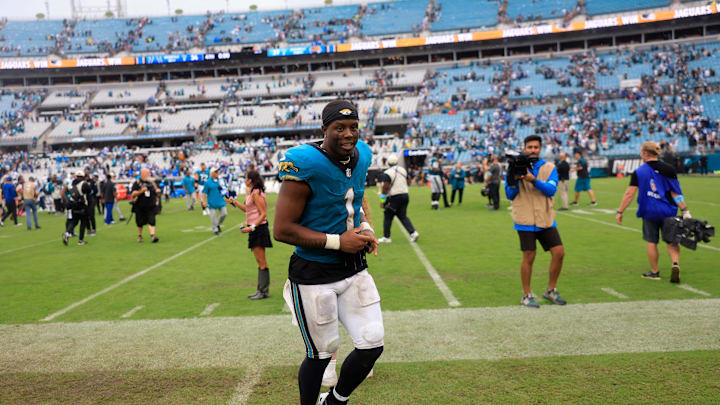 Jacksonville Jaguars running back Travis Etienne Jr. (1) runs off the field after an NFL football matchup Sunday, Oct. 6, 2024 at EverBank Stadium in Jacksonville, Fla. The Jaguars edged the Colts on a field goal 37-34. [Corey Perrine/Florida Times-Union]