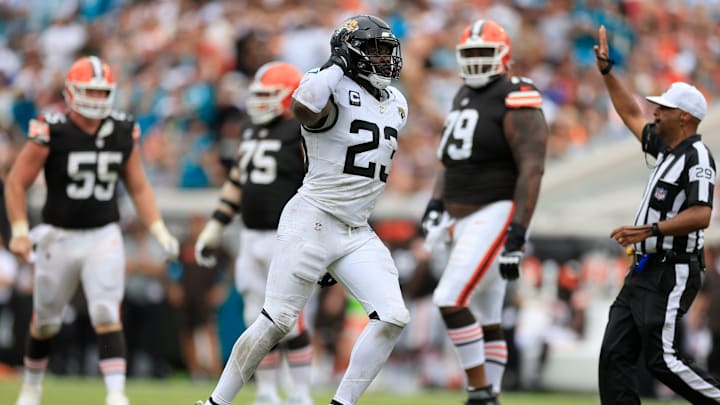 Jacksonville Jaguars linebacker Foyesade Oluokun (23) reacts to his sack of Cleveland Browns quarterback Deshaun Watson (4) during the third quarter of an NFL football matchup Sunday, Sept. 15, 2024 at EverBank Stadium in Jacksonville, Fla. The Browns defeated the Jaguars 18-13. [Corey Perrine/Florida Times-Union]