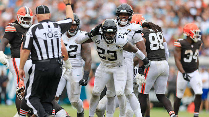 Jacksonville Jaguars linebacker Foyesade Oluokun (23) reacts to his sack of Cleveland Browns quarterback Deshaun Watson (4) during the third quarter of an NFL football matchup Sunday, Sept. 15, 2024 at EverBank Stadium in Jacksonville, Fla. The Browns defeated the Jaguars 18-13. [Corey Perrine/Florida Times-Union]