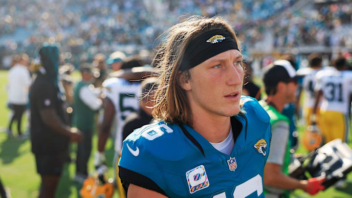 Jacksonville Jaguars quarterback Trevor Lawrence (16) walks off the field after the game of an NFL football matchup Sunday, Oct. 27, 2024 at EverBank Stadium in Jacksonville, Fla. The Packers edged the Jaguars 30-27 on a last-second field goal. [Corey Perrine/Florida Times-Union]