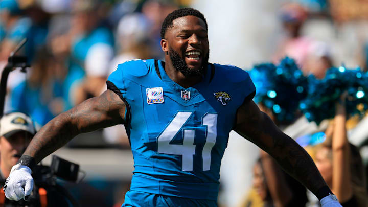Jacksonville Jaguars defensive end Josh Hines-Allen (41) is introduced before an NFL football matchup Sunday, Oct. 27, 2024 at EverBank Stadium in Jacksonville, Fla. The Packers edged the Jaguars 30-27 on a last-second field goal. [Corey Perrine/Florida Times-Union]