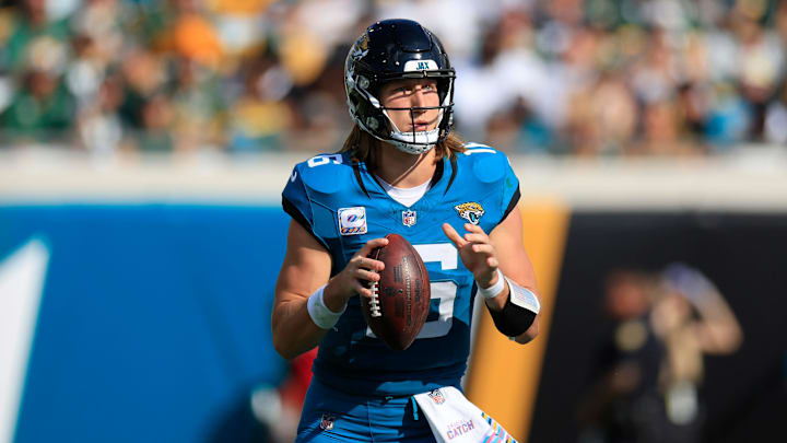 Jacksonville Jaguars quarterback Trevor Lawrence (16) looks to pass during the fourth quarter of an NFL football matchup Sunday, Oct. 27, 2024 at EverBank Stadium in Jacksonville, Fla. The Packers edged the Jaguars 30-27 on a last-second field goal. [Corey Perrine/Florida Times-Union]