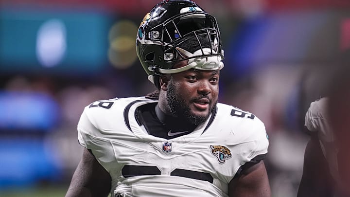 Aug 23, 2024; Atlanta, Georgia, USA; Jacksonville Jaguars defensive tackle Jordan Jefferson (98) shown on the field against the Atlanta Falcons at Mercedes-Benz Stadium. Mandatory Credit: Dale Zanine-Imagn Images