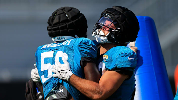 Jacksonville Jaguars linebacker Tanner Muse (53) drills with linebacker Yasir Abdullah (56) during a combined NFL football training camp session between the Tampa Bay Buccaneers and Jacksonville Jaguars Wednesday, Aug. 14, 2024 at EverBank Stadium’s Miller Electric Center in Jacksonville, Fla. [Corey Perrine/Florida Times-Union]