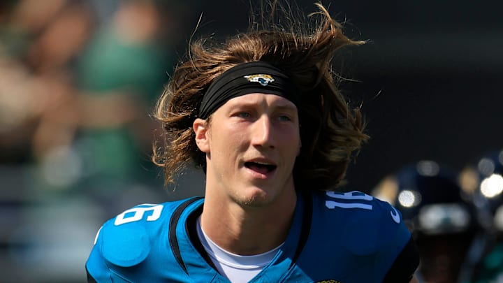 Jacksonville Jaguars quarterback Trevor Lawrence (16) runs on the field with the team before an NFL football matchup Sunday, Oct. 27, 2024 at EverBank Stadium in Jacksonville, Fla. The Packers edged the Jaguars 30-27 on a last-second field goal. [Corey Perrine/Florida Times-Union]