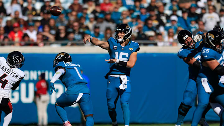 Jacksonville Jaguars quarterback Trevor Lawrence (16) throws the ball during the first quarter of an NFL football matchup Sunday, Dec. 1, 2024 at EverBank Stadium in Jacksonville, Fla. [Corey Perrine/Florida Times-Union]